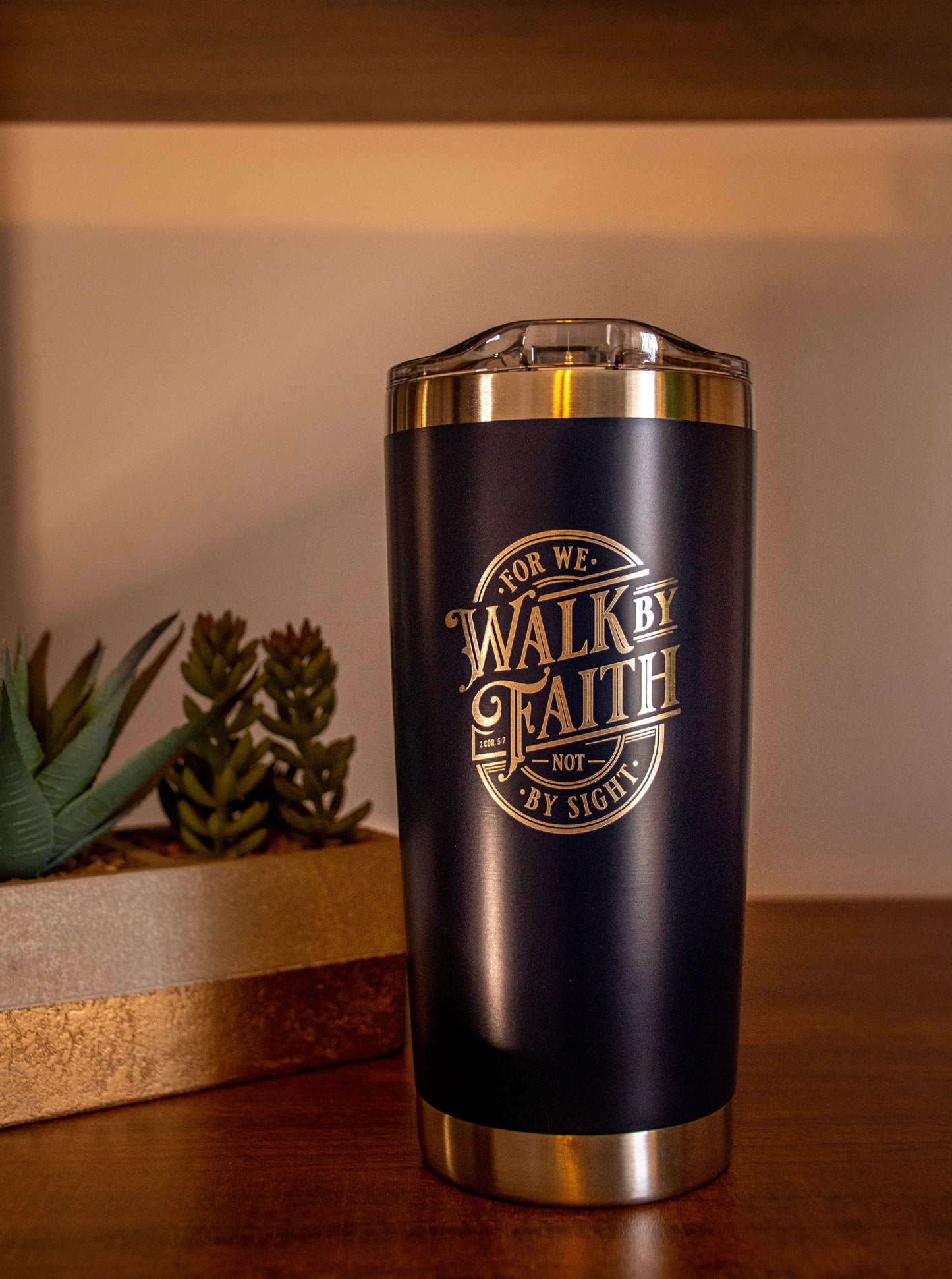 Walk By Faith Navy Stainless Steel Travel Tumbler - 2 Corinthians 5:7