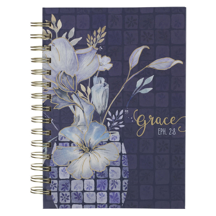 Grace Blue Floral Tile Spiral Journal - Ephesians 2:8